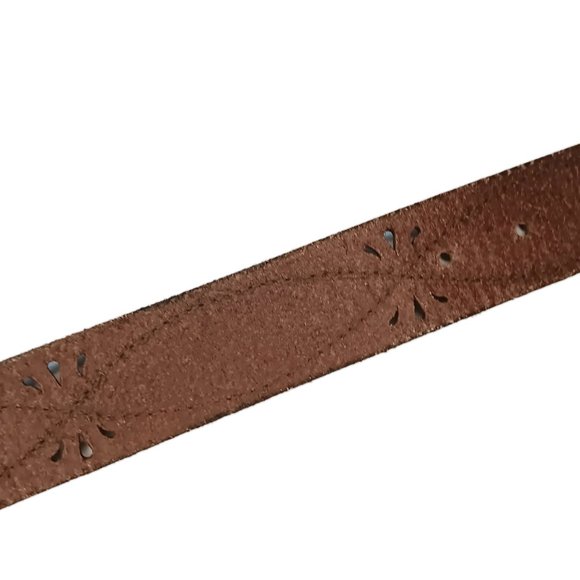 Eddie Bauer Brown Leather Belt Cutouts Stitching Brass Buckle Size Medium - Picture 7 of 13